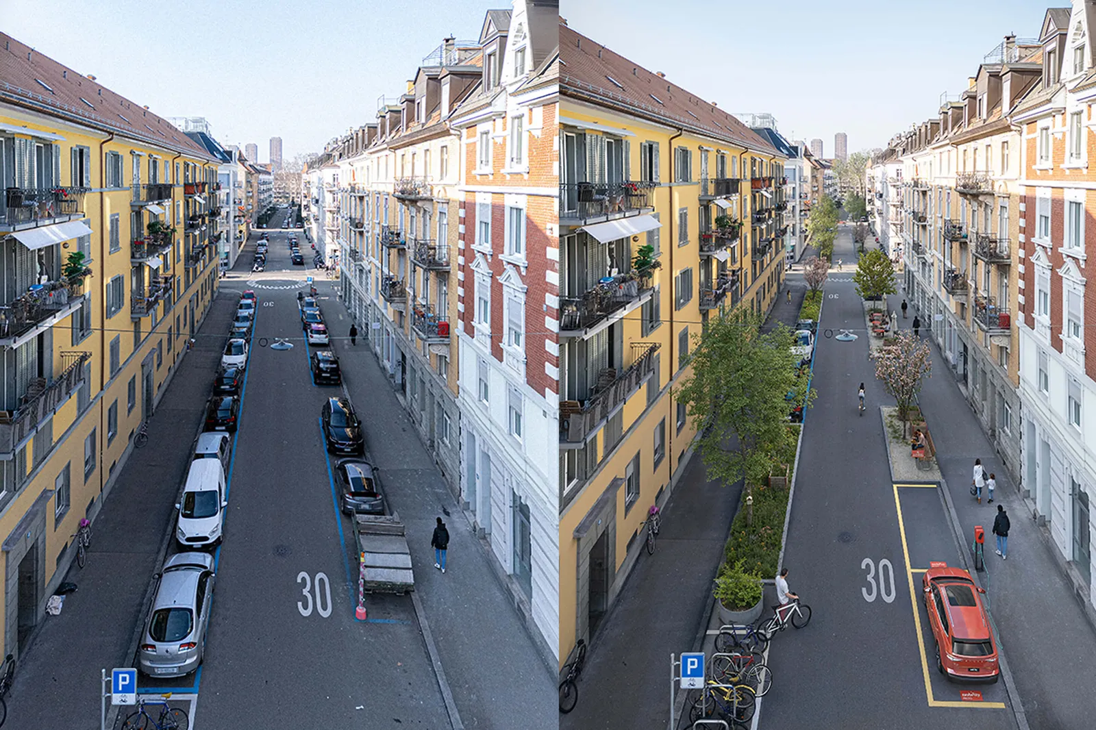 Before and after comparison of a city street in Zurich: parked cars on the left, traffic-calmed area on the right with more space for bicycles, pedestrians and greenery in a 30 km/h zone.