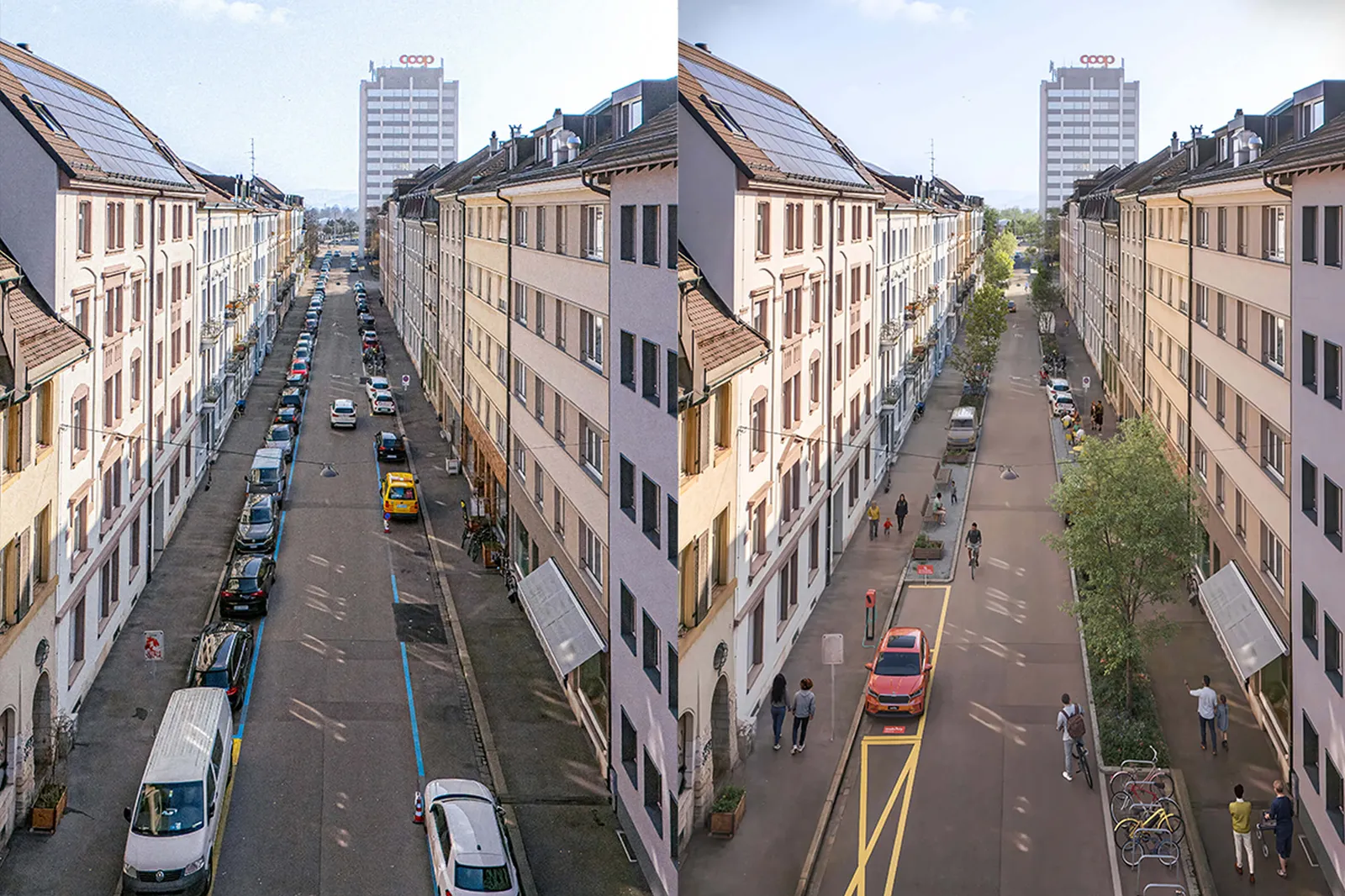 Before and after comparison of a neighbourhood street in Basel: densely parked cars on the left, redesigned space on the right with green areas, seating areas and more space for pedestrians.