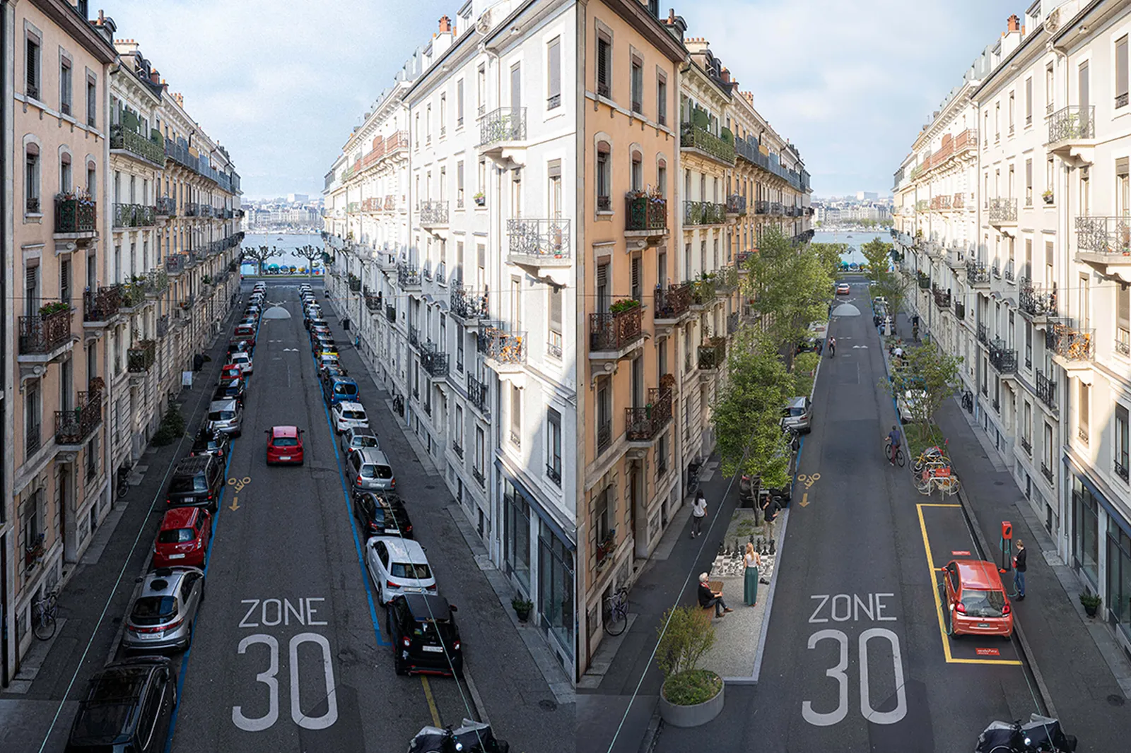 Comparison of a city street in Geneva with lots of parked cars and a green meeting area with more space for people.
