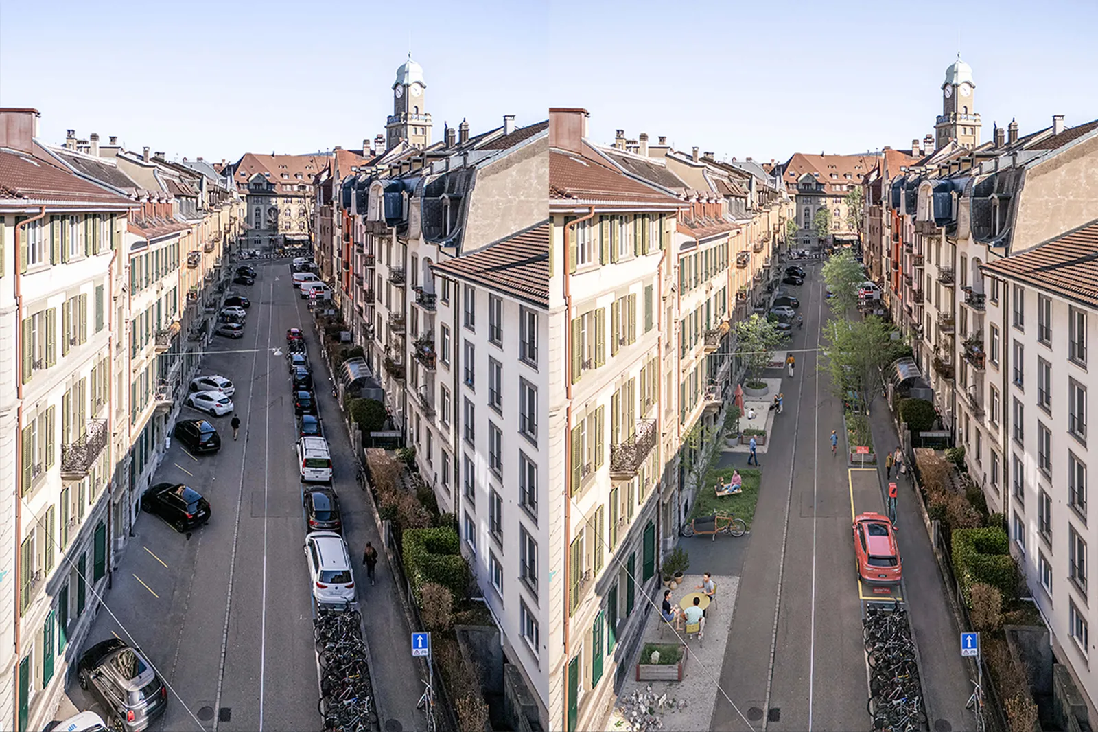 Before and after comparison of a residential street in Bern: lots of parked cars on the left, traffic-calmed area on the right with trees, bicycles and a meeting area for residents.