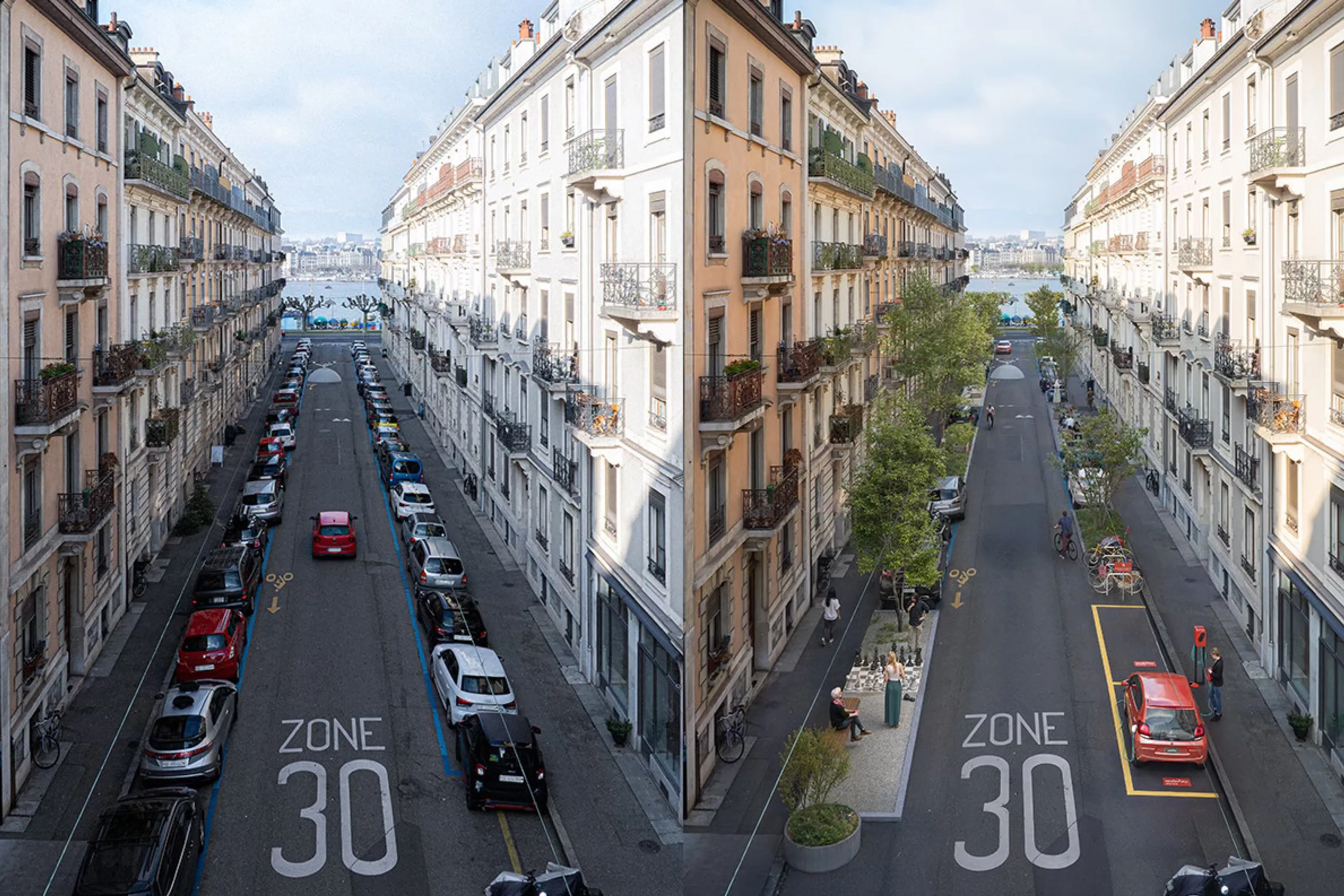 Comparison of a city street with lots of parked cars and a green meeting area with more space for people.